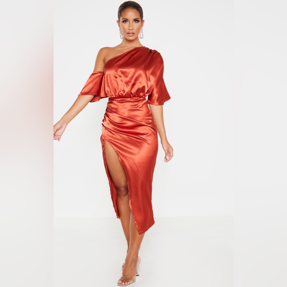Rust Satin One Shoulder Ruched Skirt Midi Dress